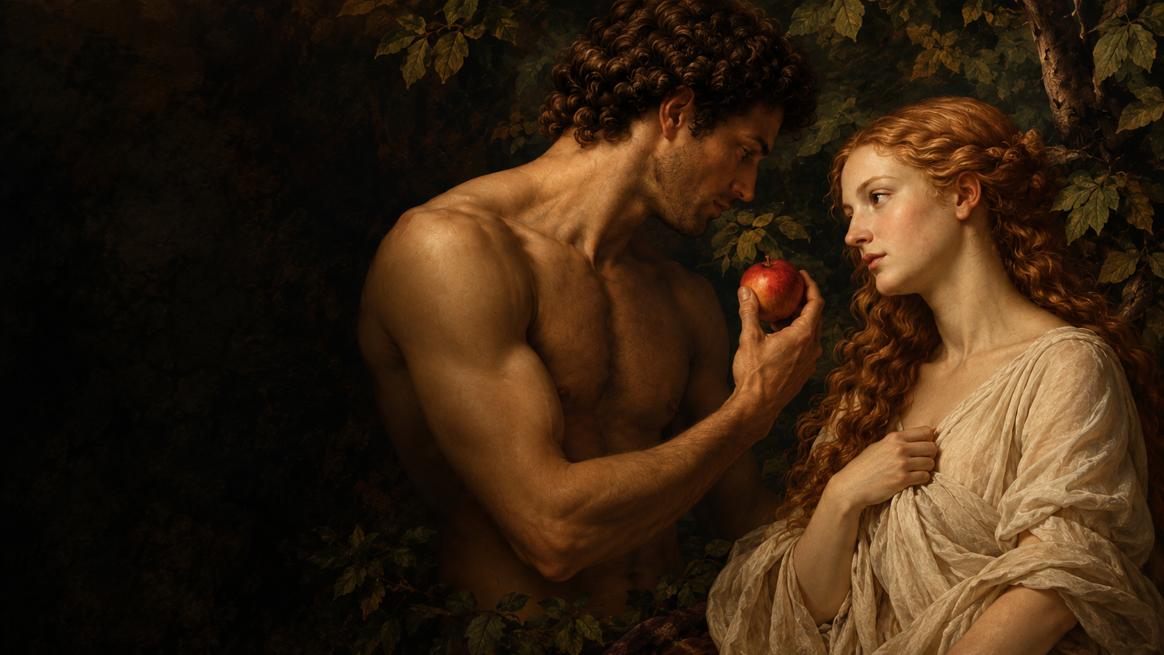 Adam offering the apple to Eve in golden light